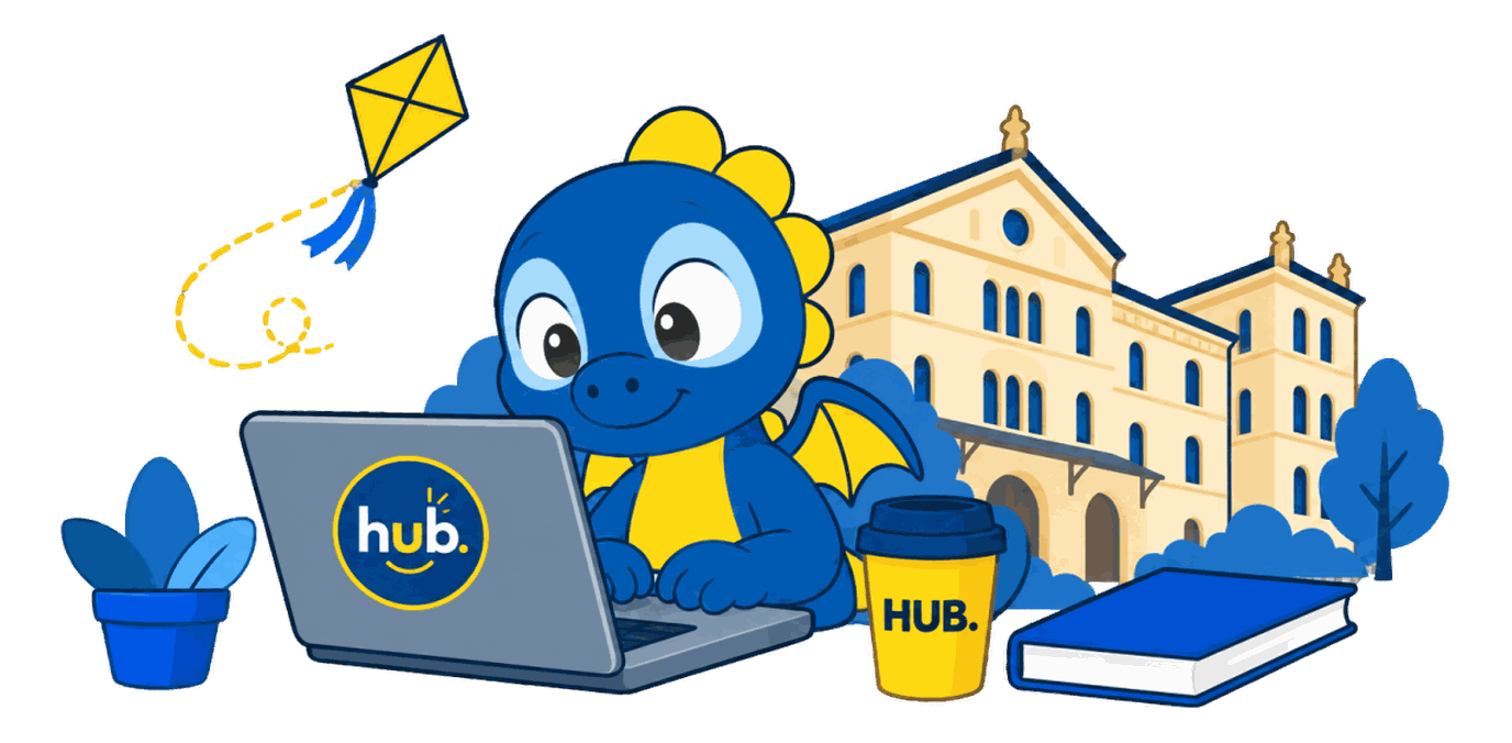 La mascotte di HUB al portatile, davanti al palazzo dell&rsquo;universit&agrave; di Verona
