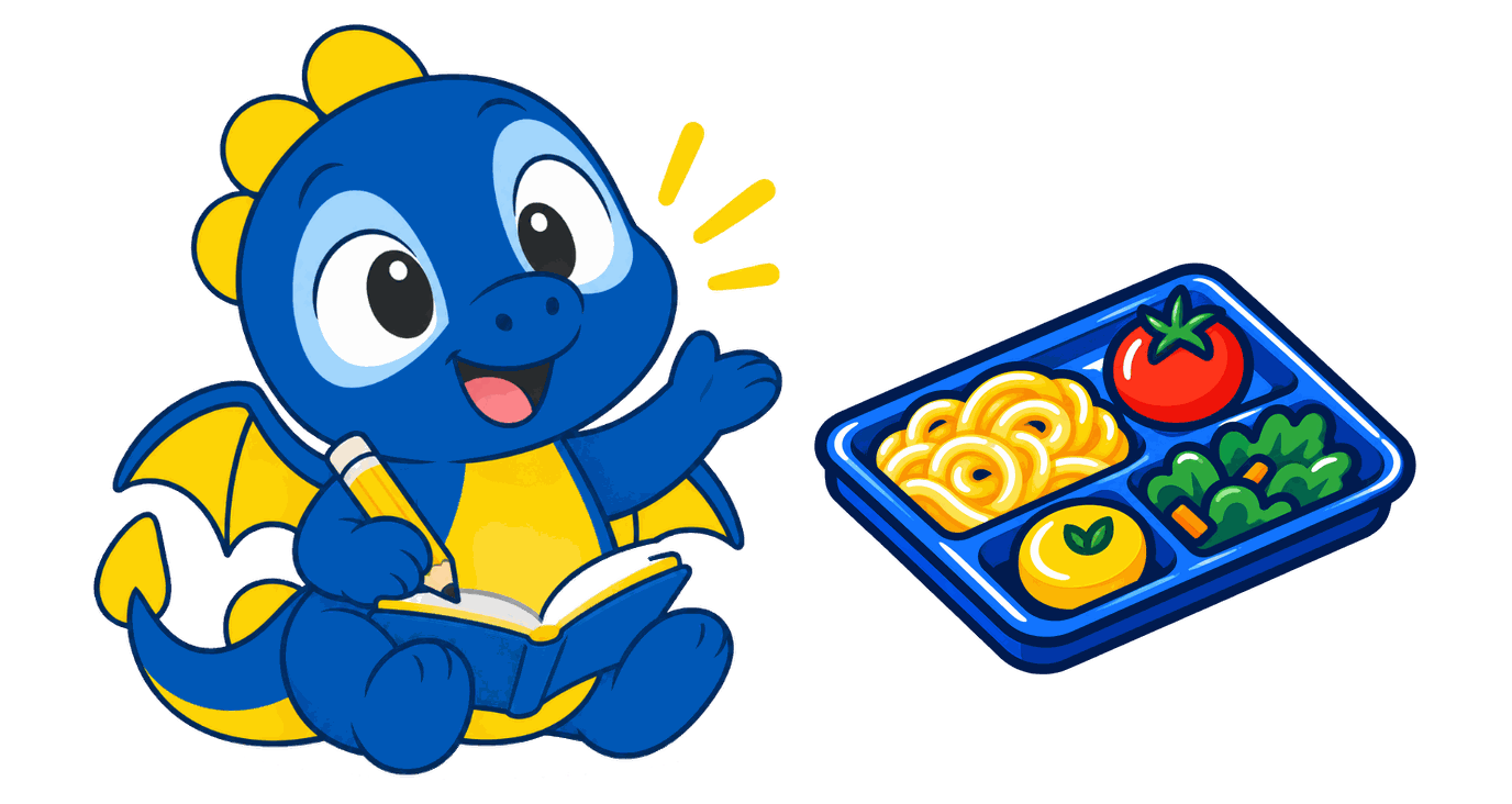 La mascotte di HUB accanto a un vassoio della mensa