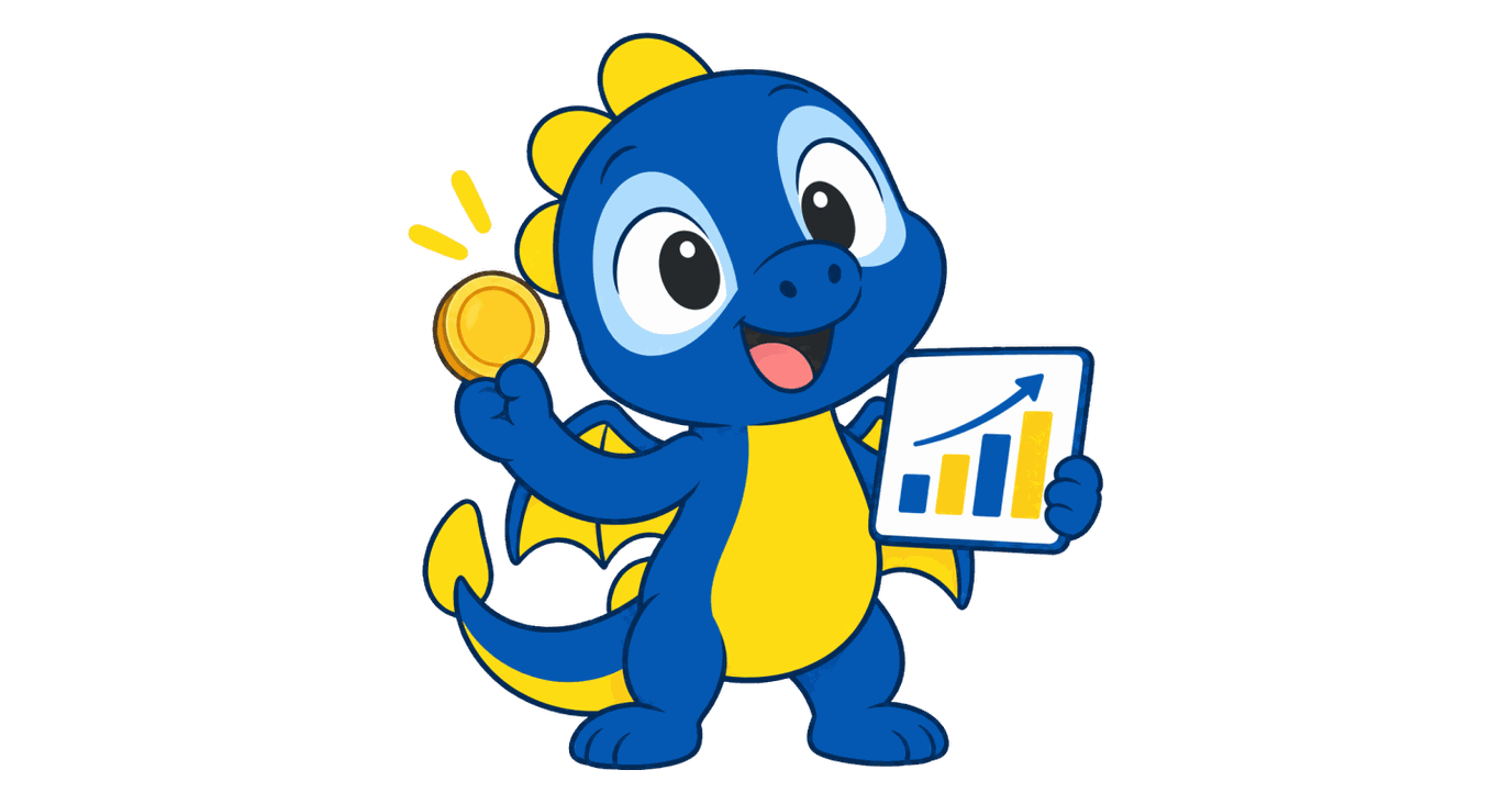 La mascotte di HUB con una moneta e il grafico delle rate